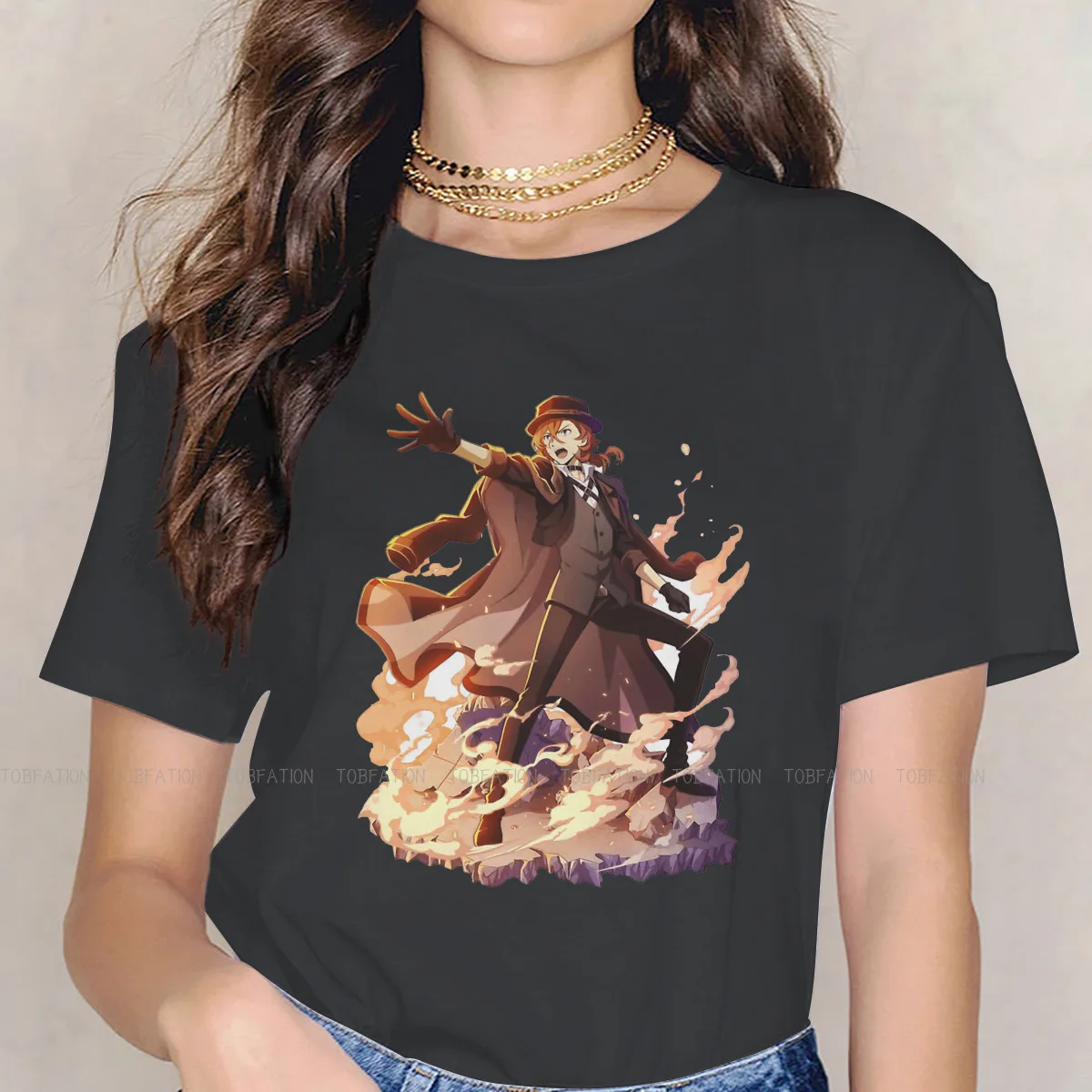 

Новинка, футболки Chuuya Mayoi с принтом «бродячие псы» для женщин, 4XL, 5XL, топы из графической ткани, футболка с круглым вырезом, большой размер