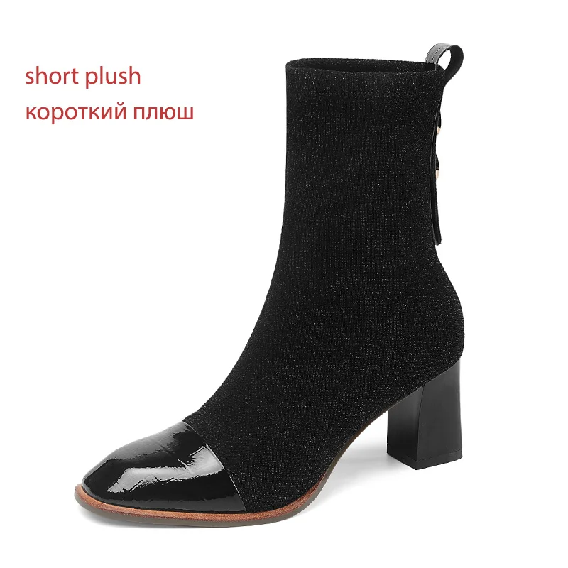 ISNOM/ботильоны на высоком каблуке; женские ботинки; тянущийся носок; женская обувь с шипами; женская обувь с квадратным носком; женская зимняя обувь; - Цвет: black short plush