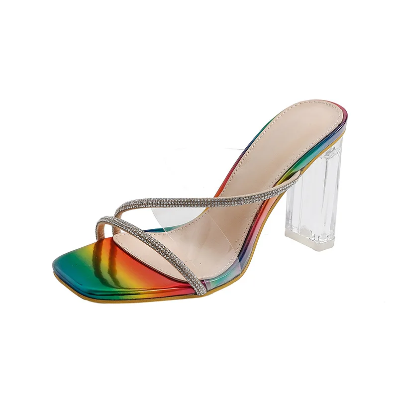 

Female Shoes Square heel Ladies' Slippers Thin Heels Luxury Slides Heeled Mules 2021 Block Summer Designer Transparent High Rubb