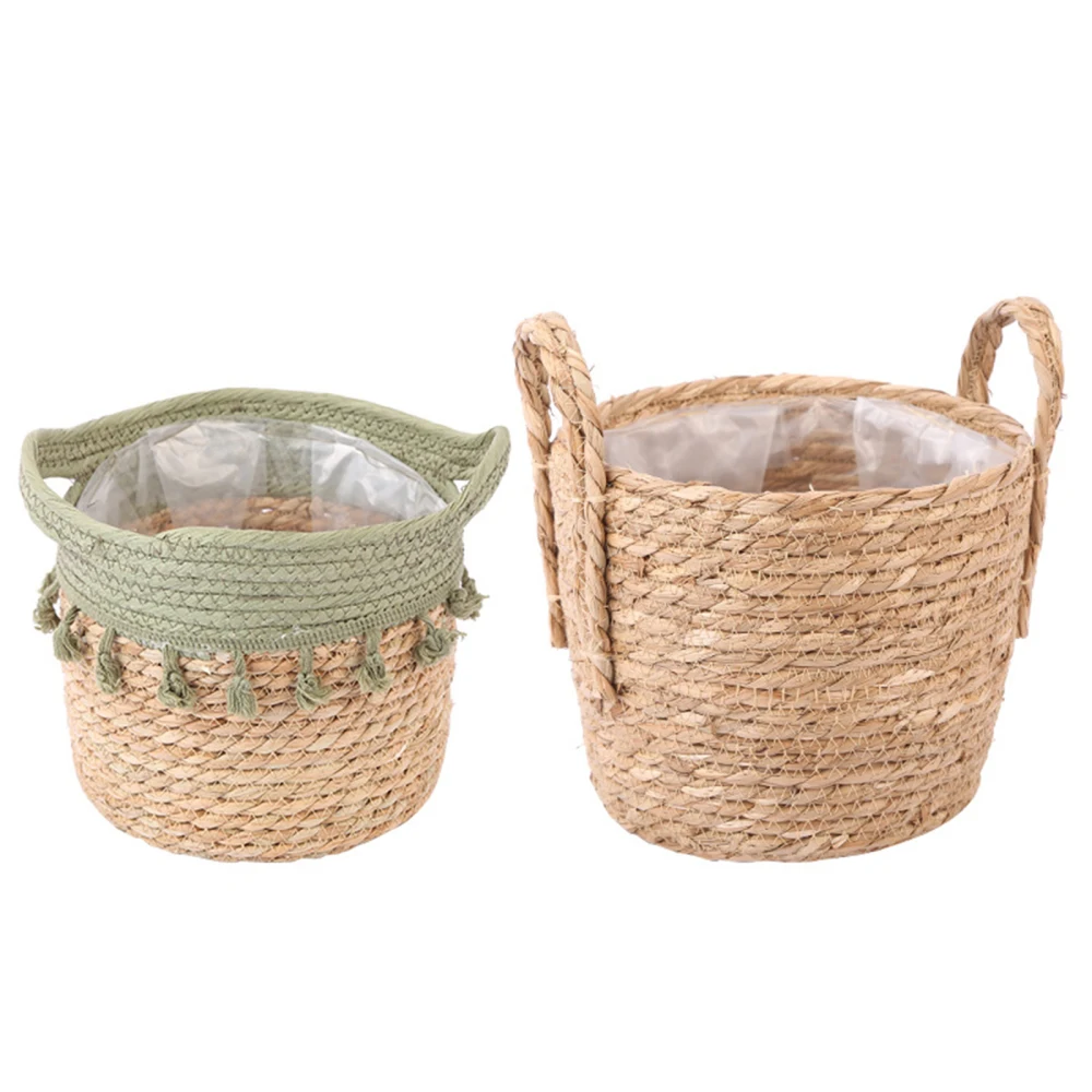 Hand-woven Basket Storage Bucket Plant Container Waterproof Straw With Tassels Suitable For Indoor Home 16*16*13cm Flower Pot | Дом и сад