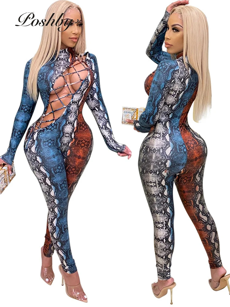

Poshby Snaked Print Bandage Sexy 2020 Women Jumpsuit Long Sleeve O-neck Skinny Rompers Female Lace Up High Street Club Overalls