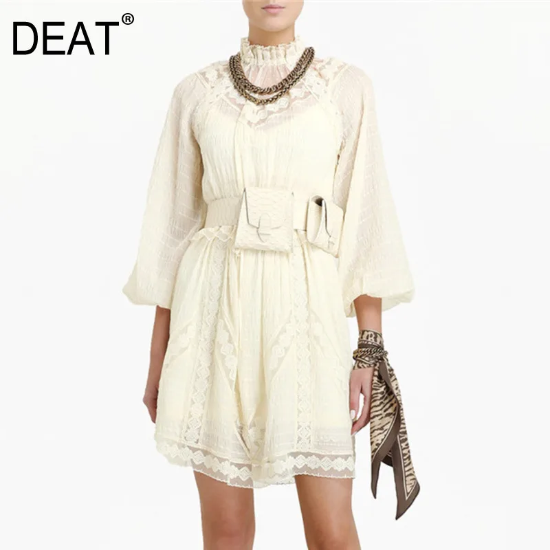 DEAT кружевное шифоновое платье со стоячим воротником и длинным рукавом с сеткой