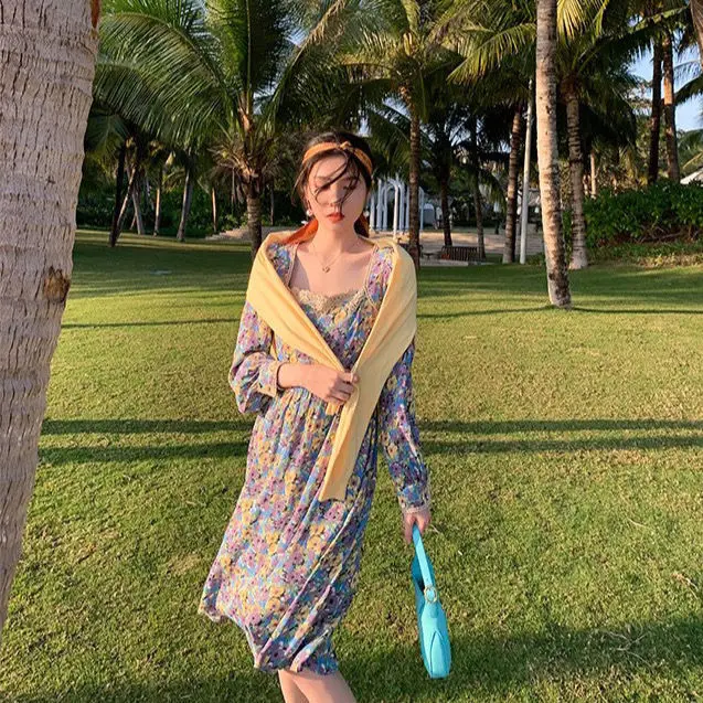 

2021 Women Casual New Summer Sweet Fairy Chiffon Party Elegant Dress Vintage Female Puff Sleeve Dress Vintage Floral Dress