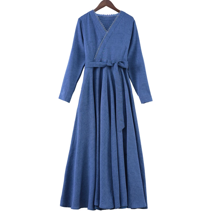 

2021 Autumn Winter Plus Size Maxi Dress Vintage Solid Cotton Linen Casual Midi Dresses Long Sleeve Women Bodycon Party Vestidos