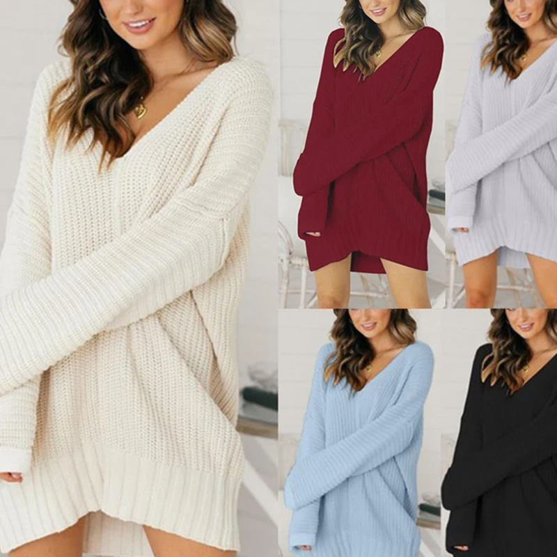 Женские длинные свитера платье свободный белый пуловер Осень-зима 2019 вязаные с