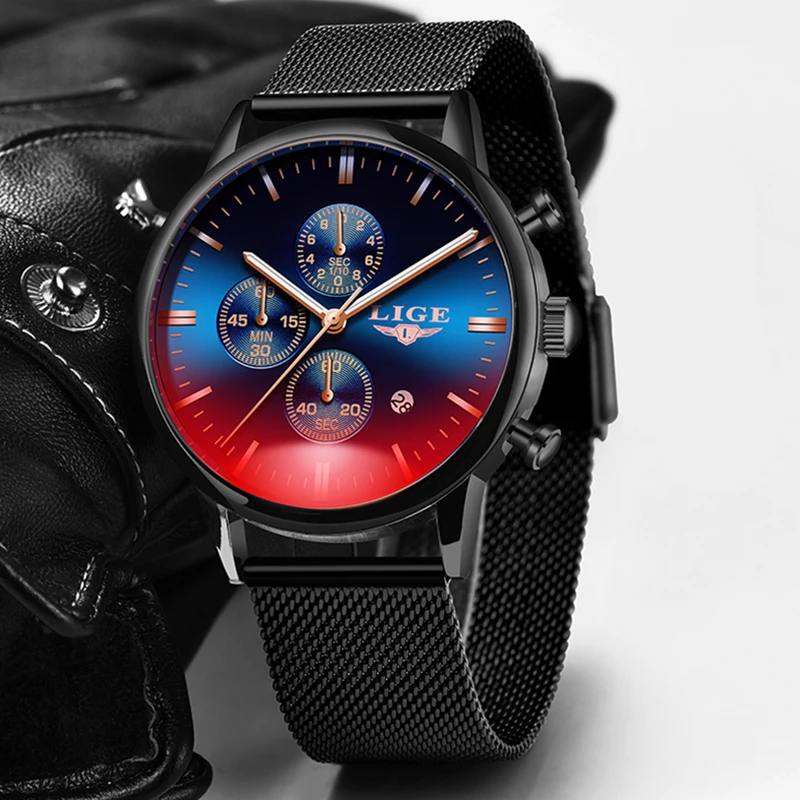 Часы наручные LIGE Мужские кварцевые роскошные брендовые модные повседневные