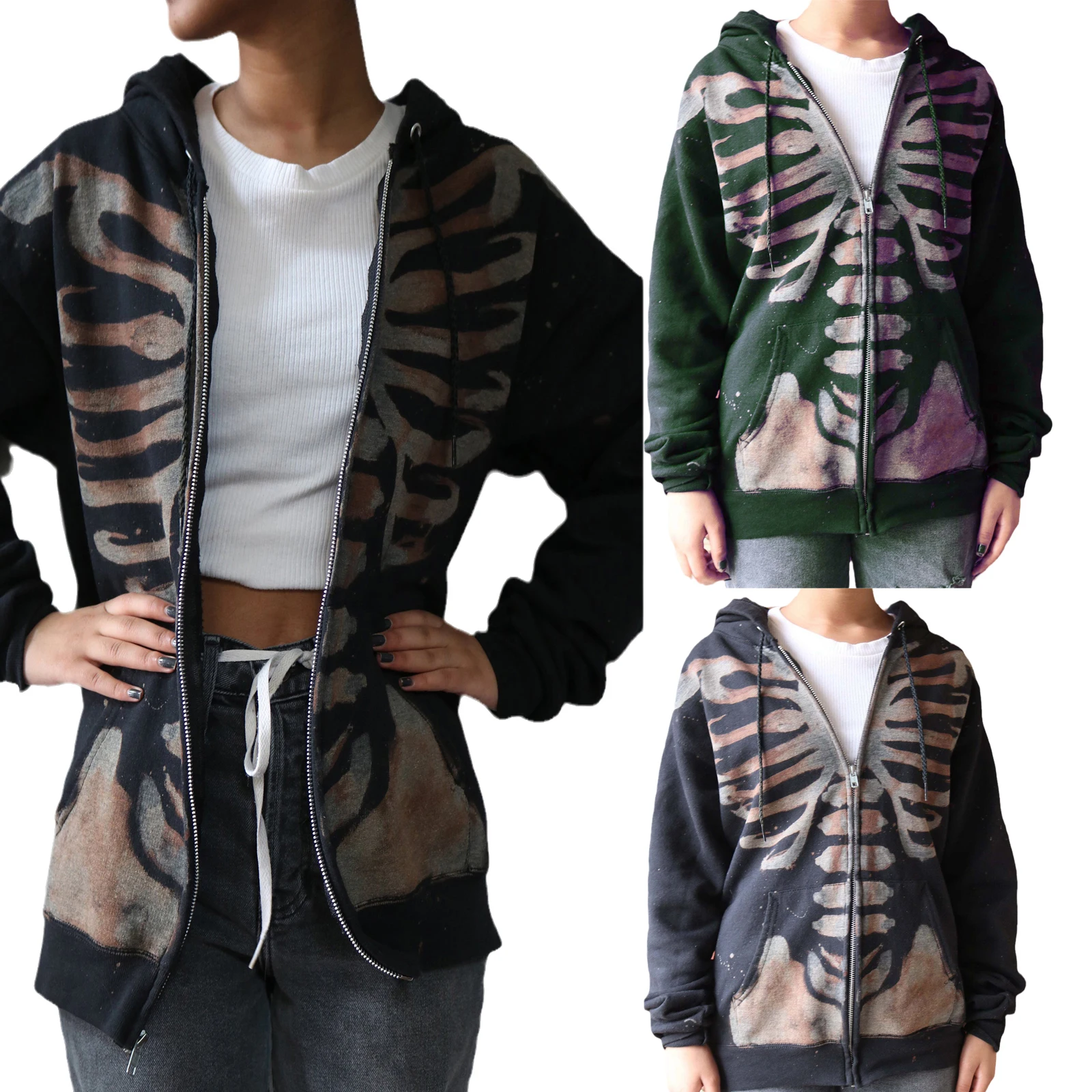 

Women Hooded Jacket With Smooth Zipper, Pocket Decoration Skull Print Adjustable Drawstring Spring Clothing 2021 New Fashion