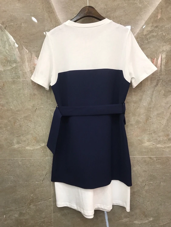 

2021 spring and summer new women's round neck color matching stitching buckle fashion fake two piece short sleeve dress 311