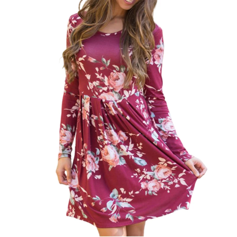 Женское платье с круглым вырезом длинным рукавом и вырезом|Женские платья| |