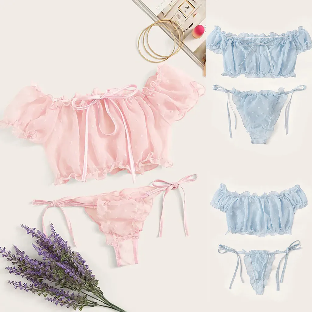 

2Pcs Daisy Floral Print Sleepwear Women Mesh Slim Lingerie Suit Sexy Off-Shoulder Top + Bow knot Tie-Waist Thong Underwear Sets