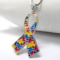 fashion mix color enamel alloy autism awareness ribbon pendant necklace one piece 4 4cm xy123