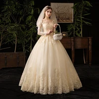 new champagne wedding dress luxurious full sleeves pleat a line floor length embroidery plus size wedding gowns for women g182