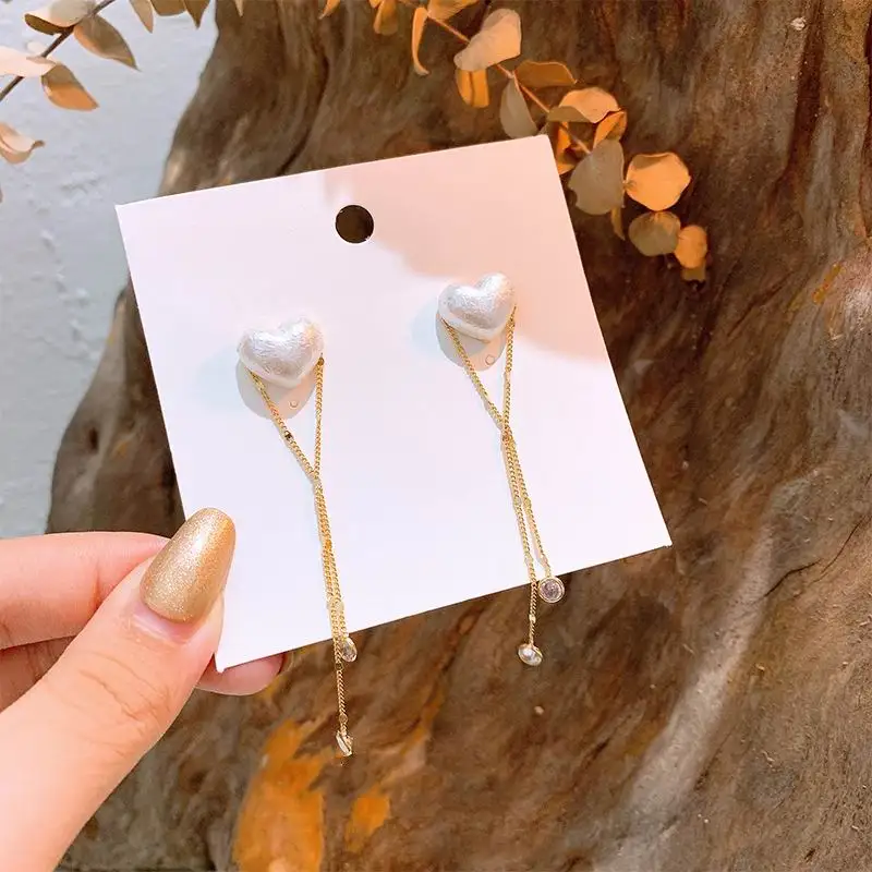 

Korean Heart Shaped Pearl Tassel Long Earrings For Women New Jewelry Wholesale