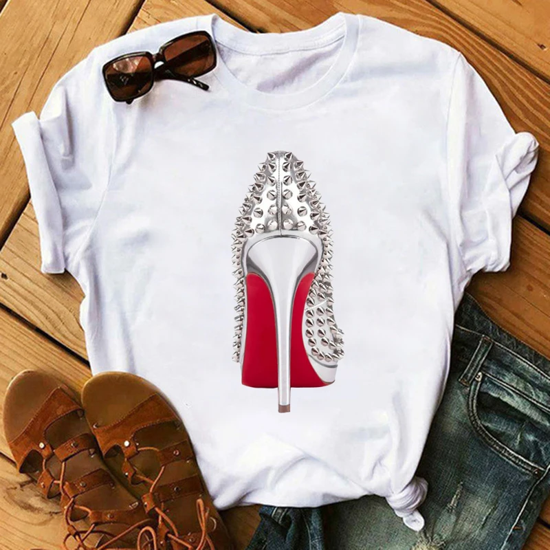 T-shirt Woman Red High Heel T-Shirt Lady Luxury Makeup Paris Style Women Summer Short Tops Girl Hipster T-shirts Clothes | Женская