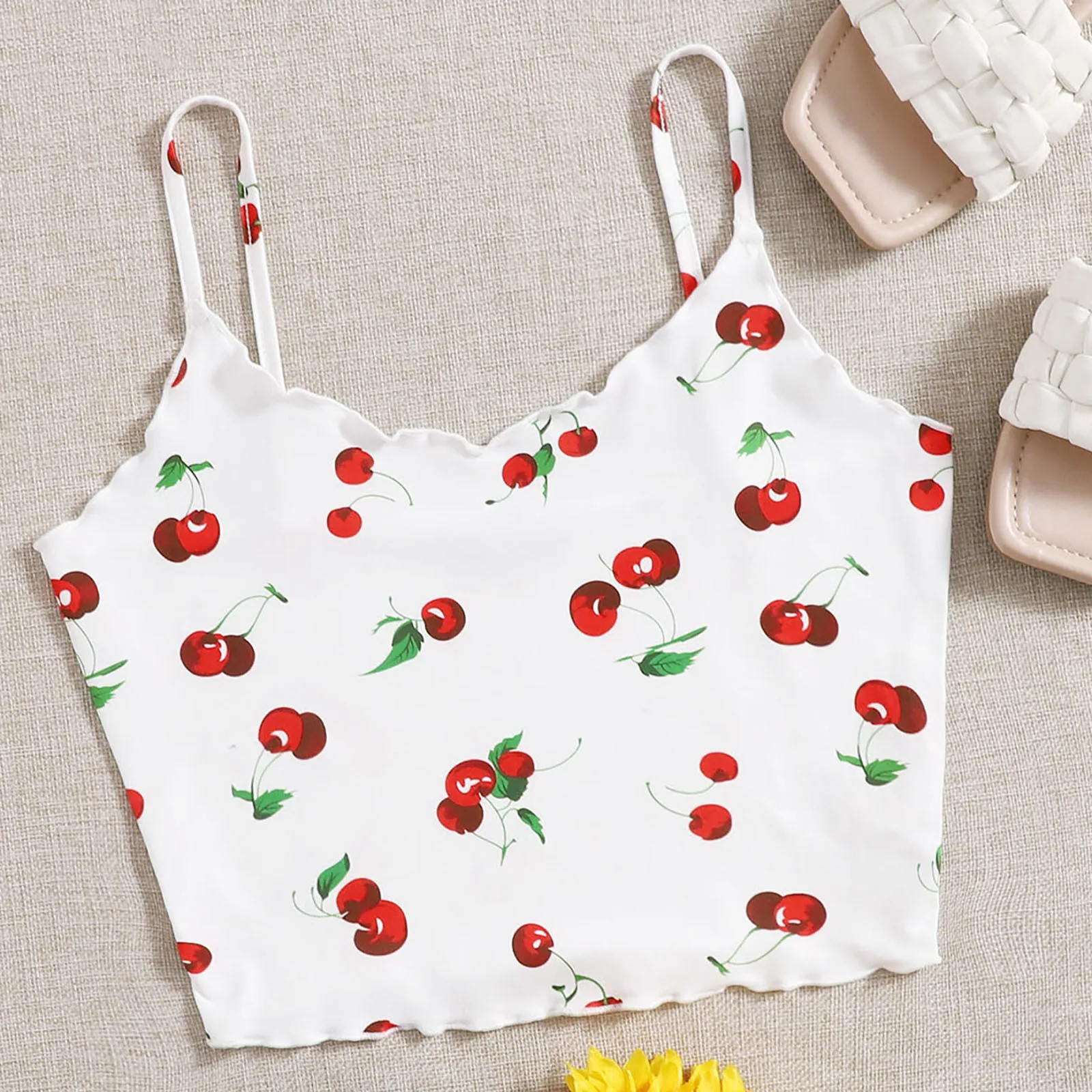 

Kawaii Cherry Print Crop Tops Women Sexy Backless Spaghetti Strap Tops Vintgae Y2K E-Girl Camis Streetwear Skinny Top Tees
