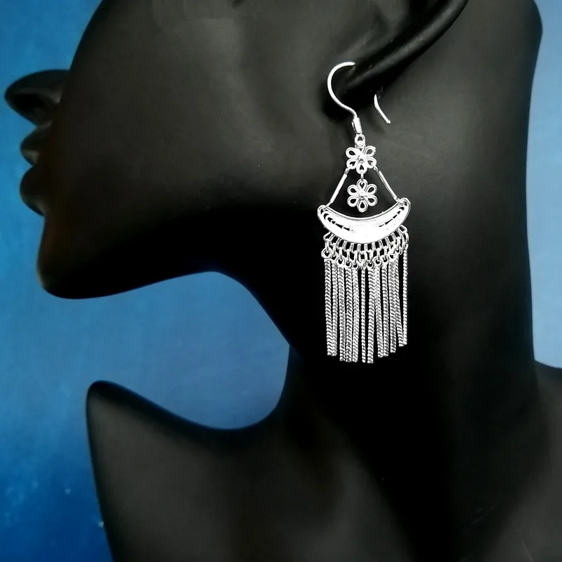 Женские серьги-кисточки из серебра 999 пробы в этническом стиле