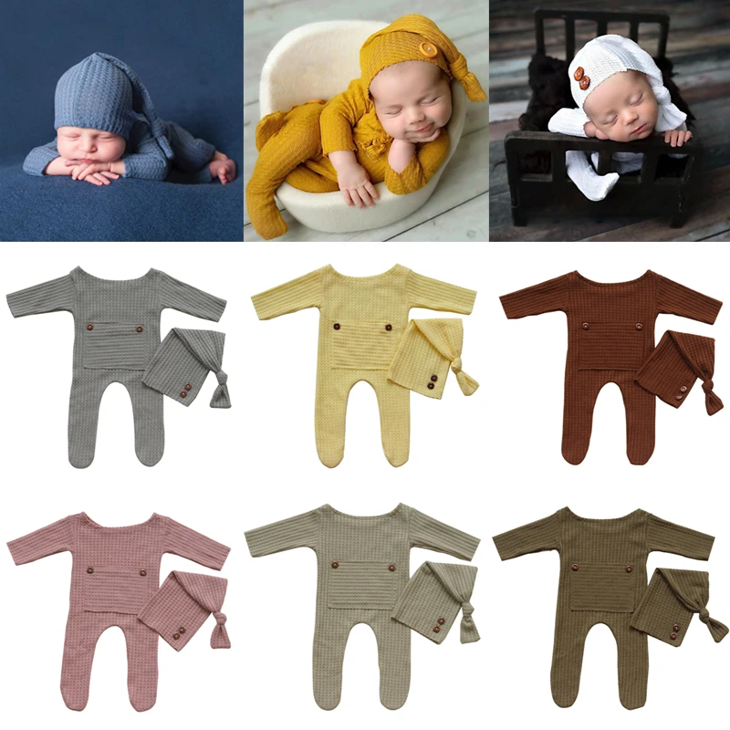 Newborn Photography Clothing Infant Knot Hat+Jumpsuit 2Pcs/Set Baby Photo Props Accessories Studio Newborn Shooting Clothes