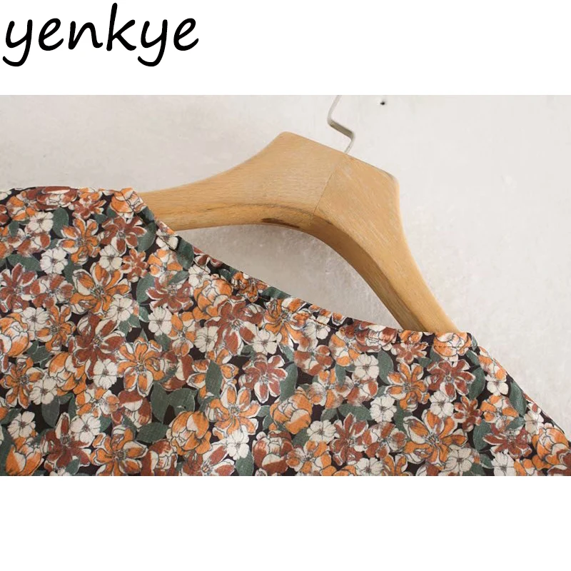 Женское винтажное платье с цветочным принтом длинным рукавом V образным вырезом