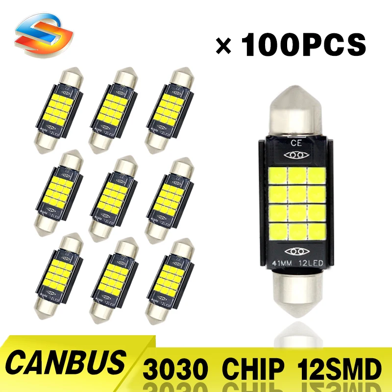

100X 3030 12SMD Canbus Car LED Bulbs C5W Festoon Interior Lamps White 31mm 36mm 39mm 41mm Reading Dome License Plate Light 12V