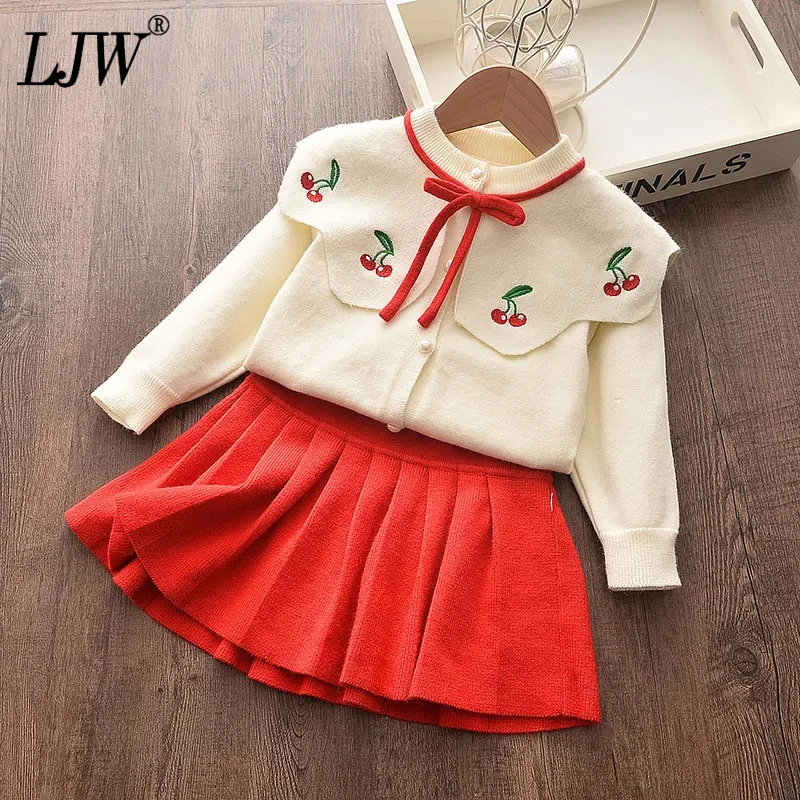 Зимняя одежда для девочек детский вязаный свитер комплект с принтом вишни костюм