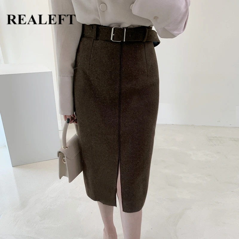 

REALEFT Autumn Winter Woolen Women Wrap Skirt with Belt 2021 New Fashionable Office Ladies High Waist Split Elegant Midi Skirts