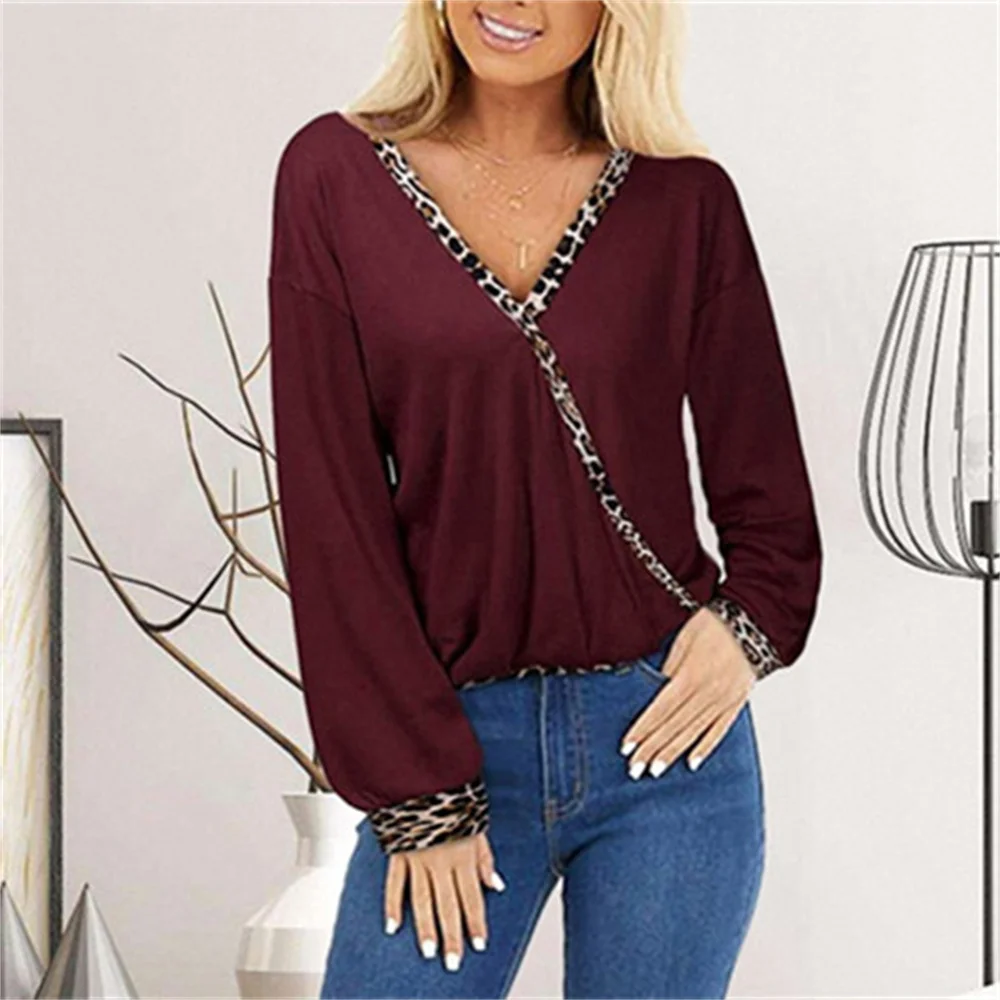 

2021 Women Autumn Casual T-Shirt Leopard Print Stitching Long Sleeve Sexy Deep V-Neck Slim Tee Tops Ladies Fashion New Pullover