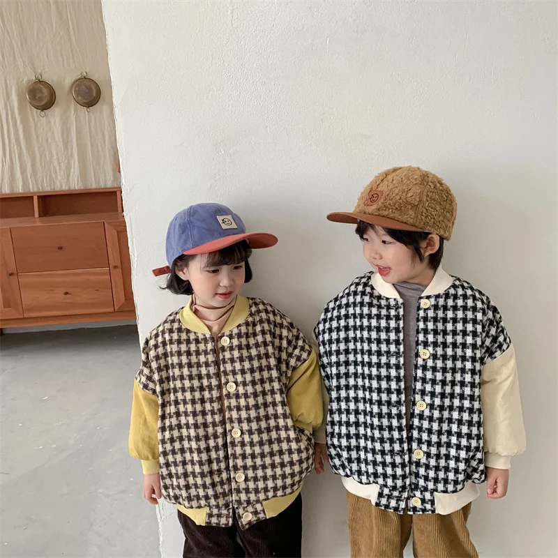 

Girls Baby's Kids Coat Jacket Outwear 2021 Houndstooth Thicken Velvet Winter Autumn Top Cotton Cardigan Children's Clothing