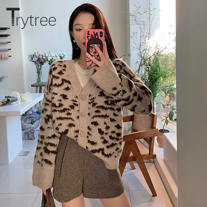 

Женский леопардовый свитер Trytree, Повседневный Кардиган с v-образным вырезом, вязаный жилет и топы, Осень-зима 2020