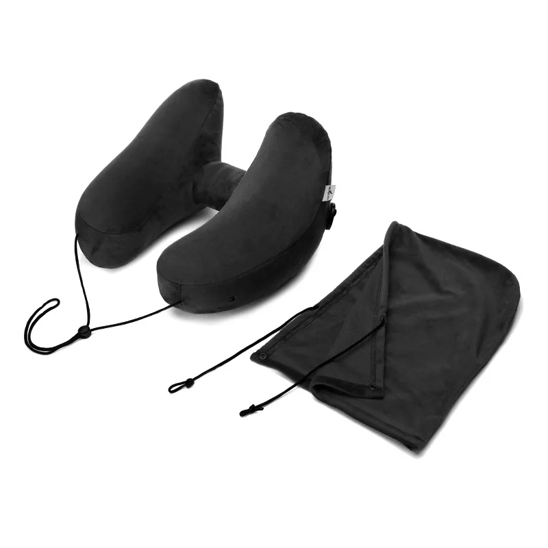 Black Pillow and hat H-образная надувная подушка для путешествий, Складная легкая подушка для шеи с ворсом, автомобильное сиденье, Офисная Подушка для сна с самолетом - Цвет: Black Pillow and hat