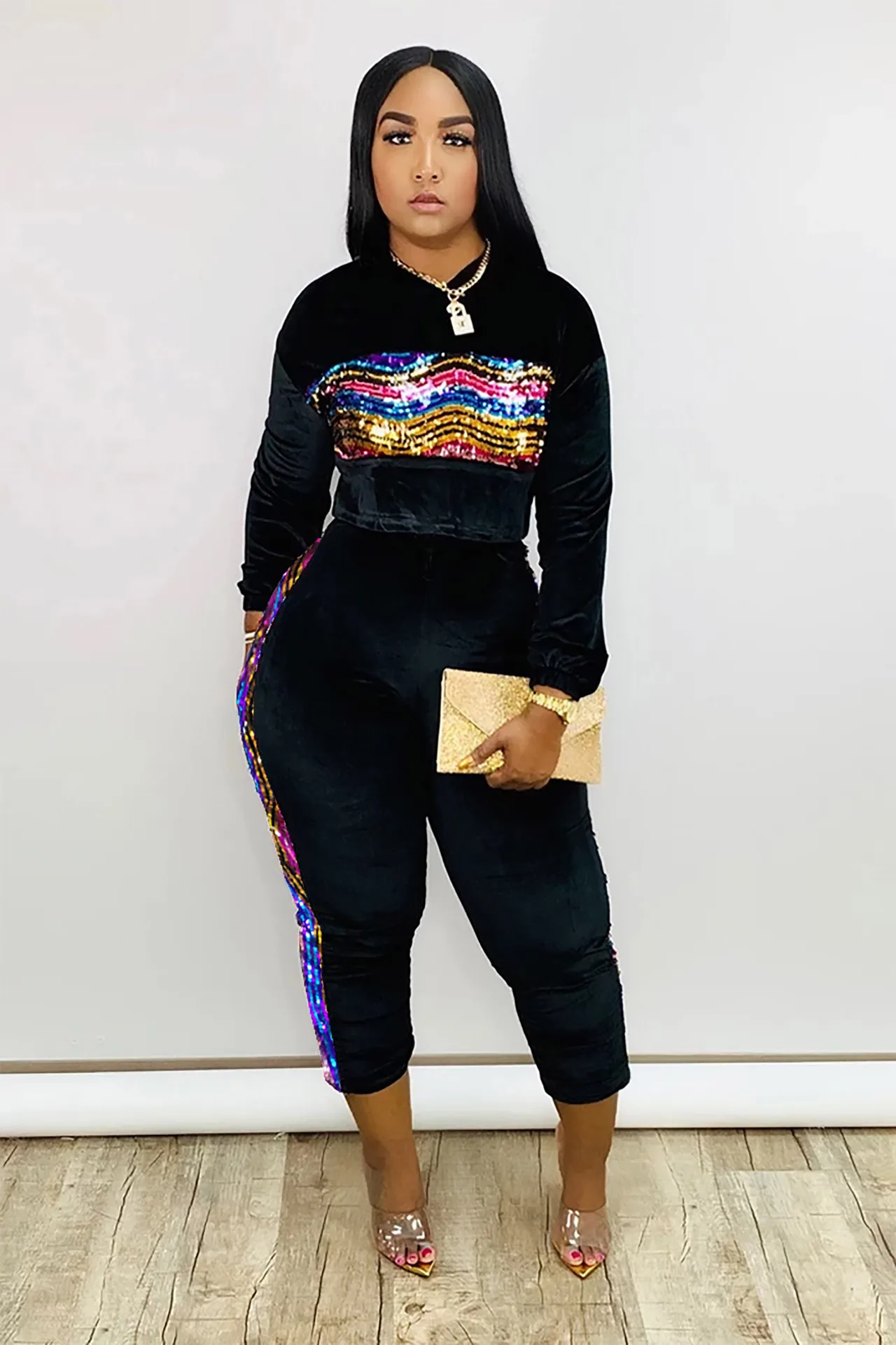 

Pure color hooded fashion sexy sequin two-piece suit wholesale best top Home suit Women's joggers