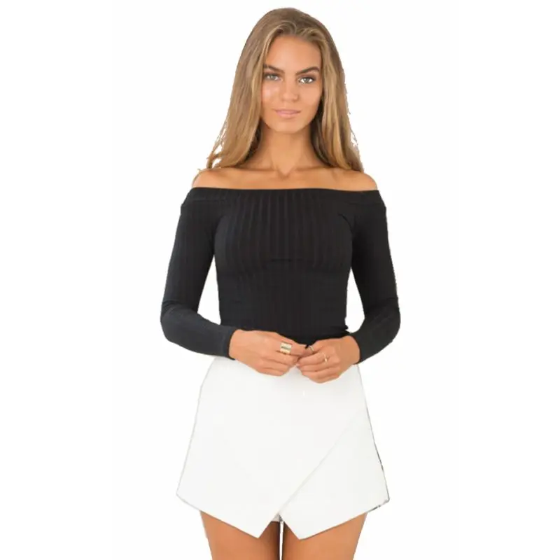 

European style hot autumn knitting pullovers off shoulder sexy sweaters women short close-fitting party black sweater