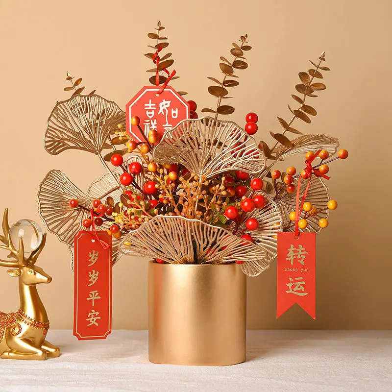 Китайская Красная фруктовая Фортуна металлическая ваза-ведро поддельные цветы