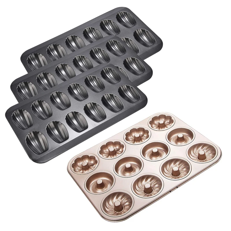 

3 Pieces Madeline Baking Pans Nonstick 12-Cup Shell Shaped & 1X Donut Mold Cookies Non Stick Doughnut Mould