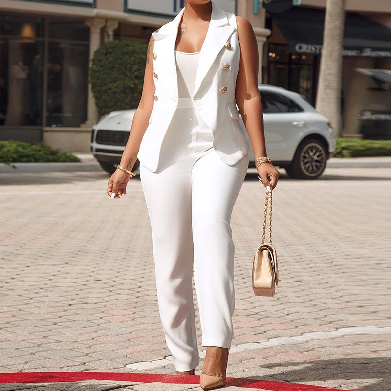 

Two Piece Set Women's OL Office 2 Piece Suit Buttons 2021 Spring And Summer Vest Small Suit Vest Jacket Female Trousers Suit Set