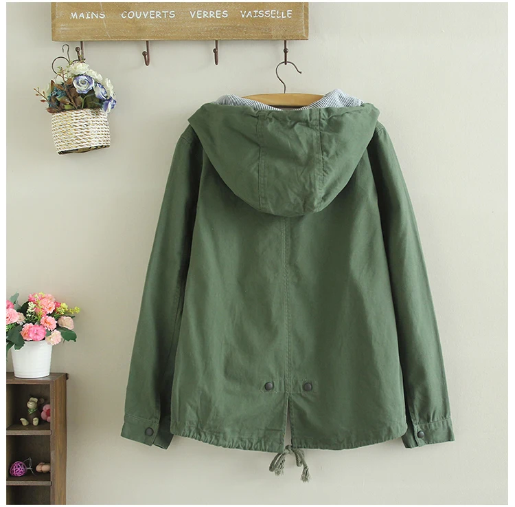 Anchor boats embroidery hooded zipper jacket female casual coat army green khaki