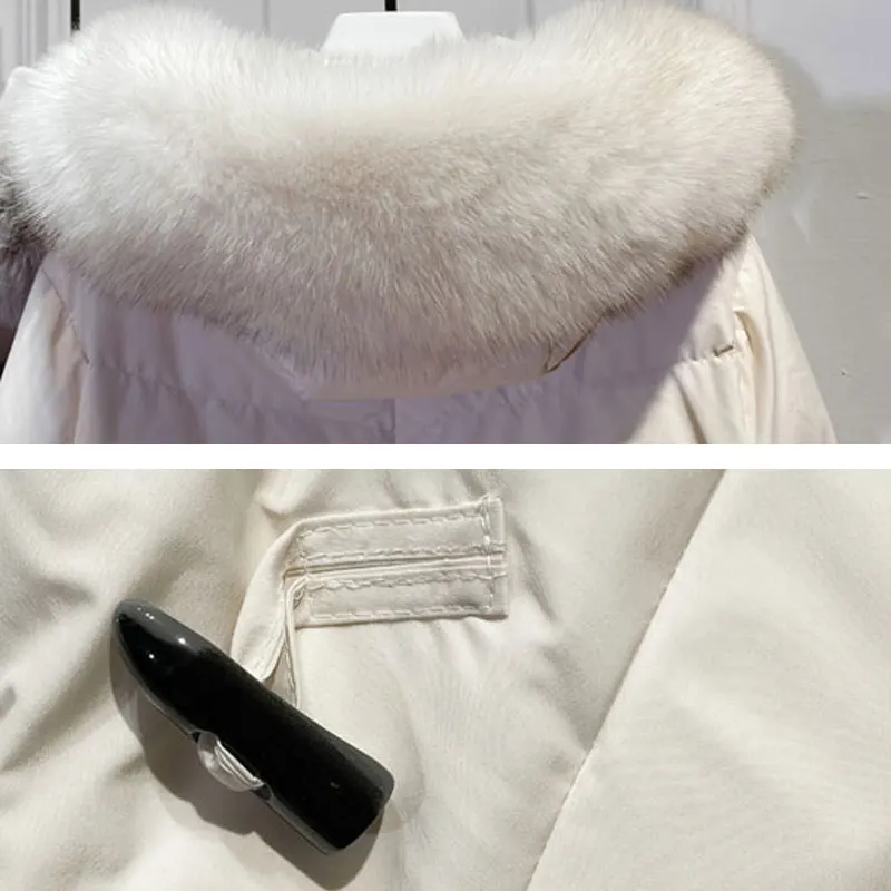 

Over Knee Mid Long Down Coats Jacket Women Parka 2020 New Fashion Horn Buckle Korean Loose Big Fur collar Hooded Jackets Winter