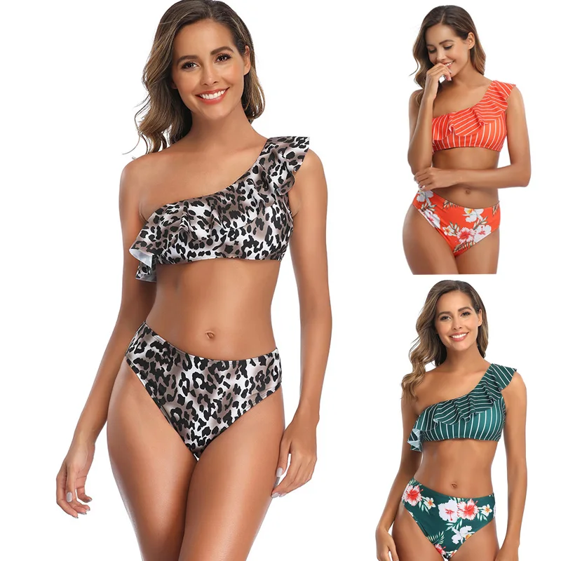 Женский купальный костюм из двух предметов в полоску с оборками сексуальный