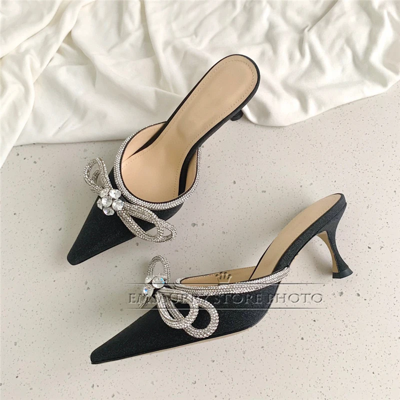 

Sexy Point Toe Satin Lazyman Mules For Girls Women Kitten Heel Crystal Rhinestone Butterfly-Knot Slingbacks Women Sandals Summer