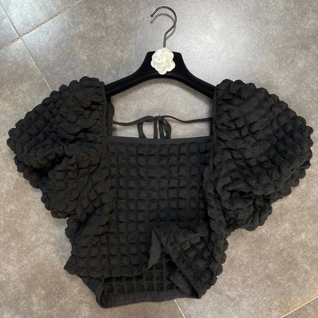 

Crop Top Women 2021 Summer Square Neck Three-Dimensional Sleeve Plaid Slimming T Shirt Lady Nancylim