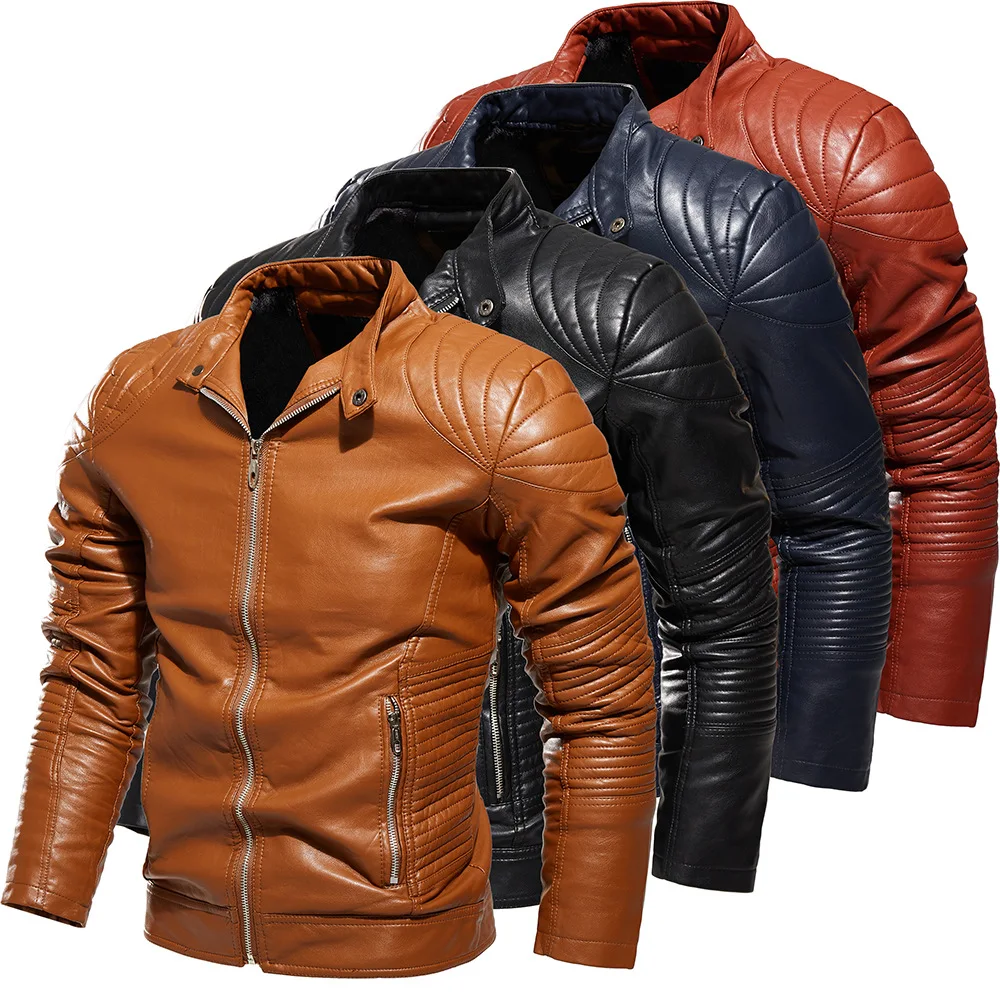 

2021 young men pure color PU leather jacket collar locomotive add flocking leather