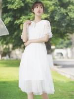 free shipping 2021 s l white lace and mesh dresses for women long mid calf summer ruffles short sleeve high waist dresses