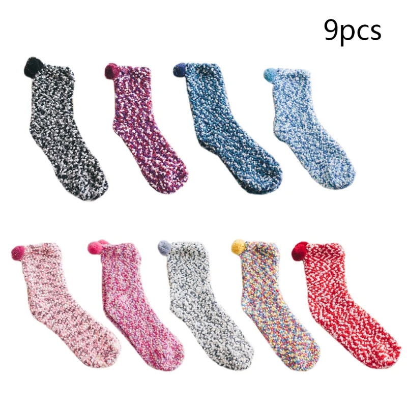 

9 пар Для женщин Mutlicolored пушистые носки помпон пушистый бархат кораллового цвета; Теплые зимние тапочки Колготки чулочно-носочные изделия с ...