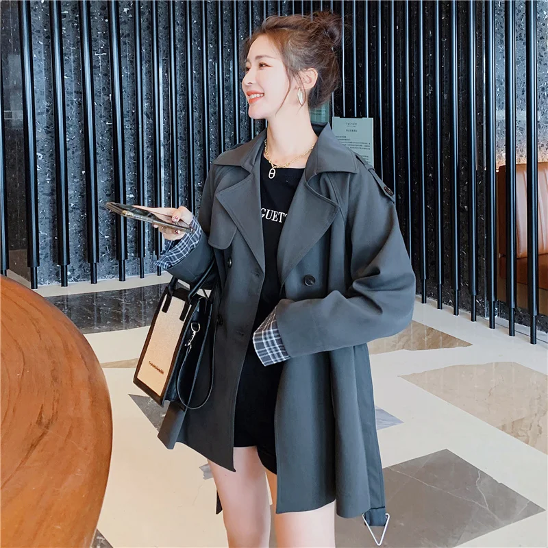 

Женский короткий тренчкот с драпировкой, зимний клетчатый тренчкот на завязках в Корейском стиле, верхняя одежда для офиса, пальто для женщ...