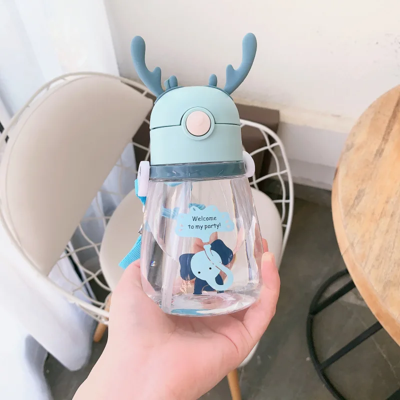 

Children's Water Bottles Straw Plastic Water Cup Strap Summer Drinking Bottles Deer Student Baby Kids Bottles Cartoon Kettle