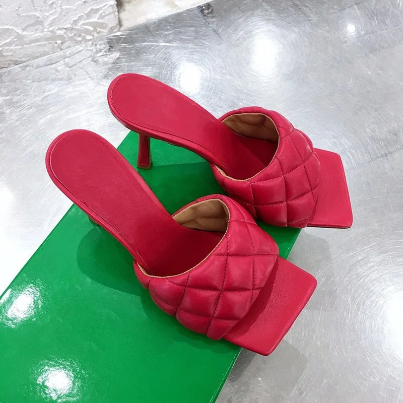 

New Green Padded Leather Mules High Heels Slippers Women Square Toe Brand Sandals Peep Toe Designer High Heels Women Party Shoes