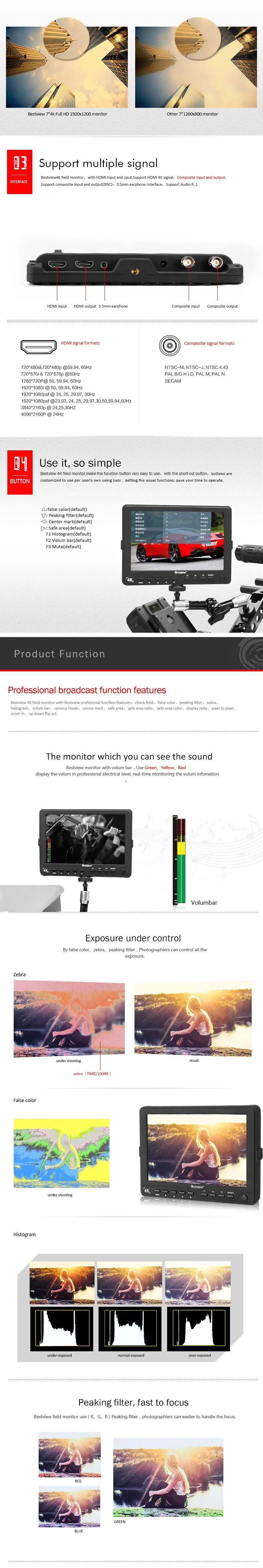 Bestview S7 7 дюймов 4K HD монитор HDMI 1920X1200 полевая видеокамера монитор для Canon 5D Mark IV III Nikon sony A7 Panasonic GH5