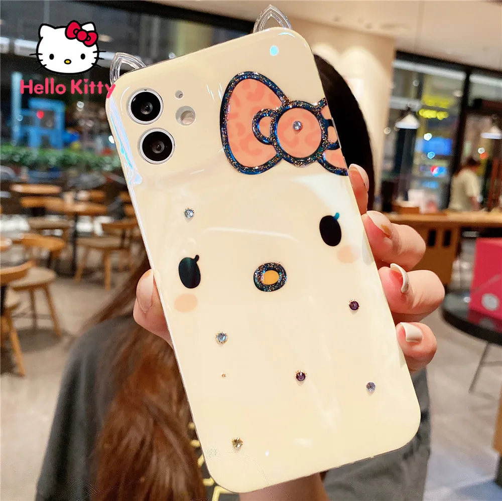 

Hello Kitty case for iPhone 13/13Pro/13Promax/13min/X/XR/XS/XSMAX/11/12Pro/12mini Phone Rhinestone Solid color Case Cover