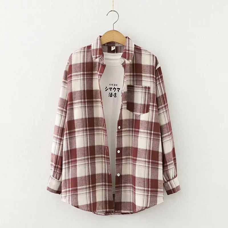 Блузка женская клетчатая с длинным рукавом свободного покроя на весну/осень