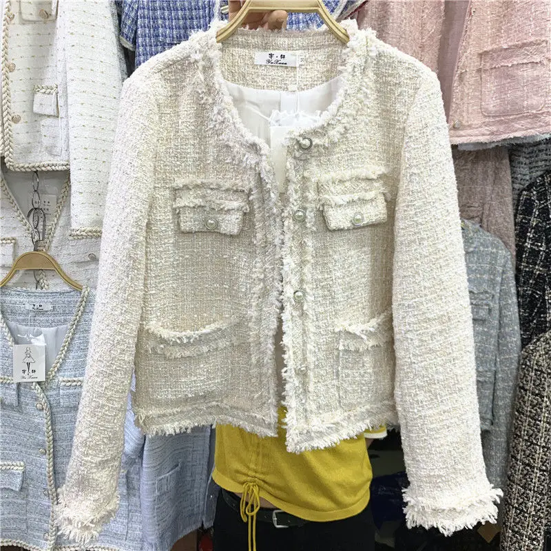 

2021 New Spring Autumn Women Jacket Short Splicing Coat Round Neck Outwear Soft Thin Casual Single Breasted Pocket Top Basic