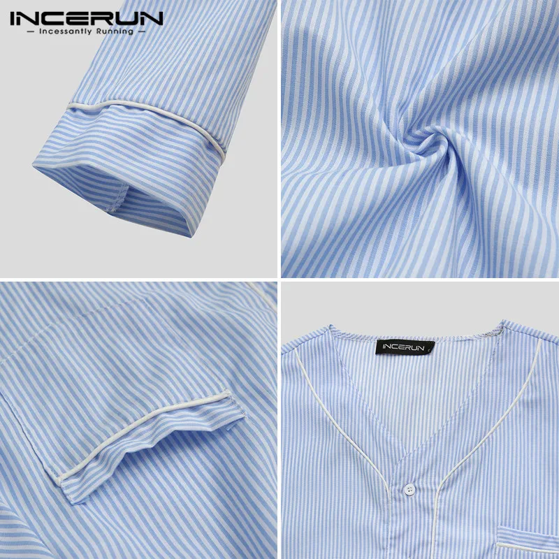 

2021 Fashion Striped Men Sleep Robes V Neck Long Sleeve Leisure Button Pajamas Bathrobes Mens Homewear Nightgown INCERUN S-5XL